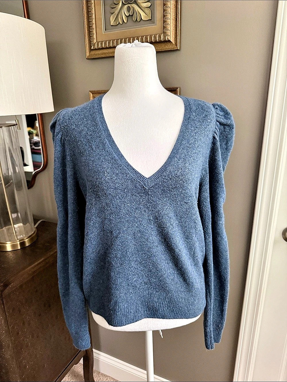 White House Black Market Blue Puff Sleeve Sweater Size Medium